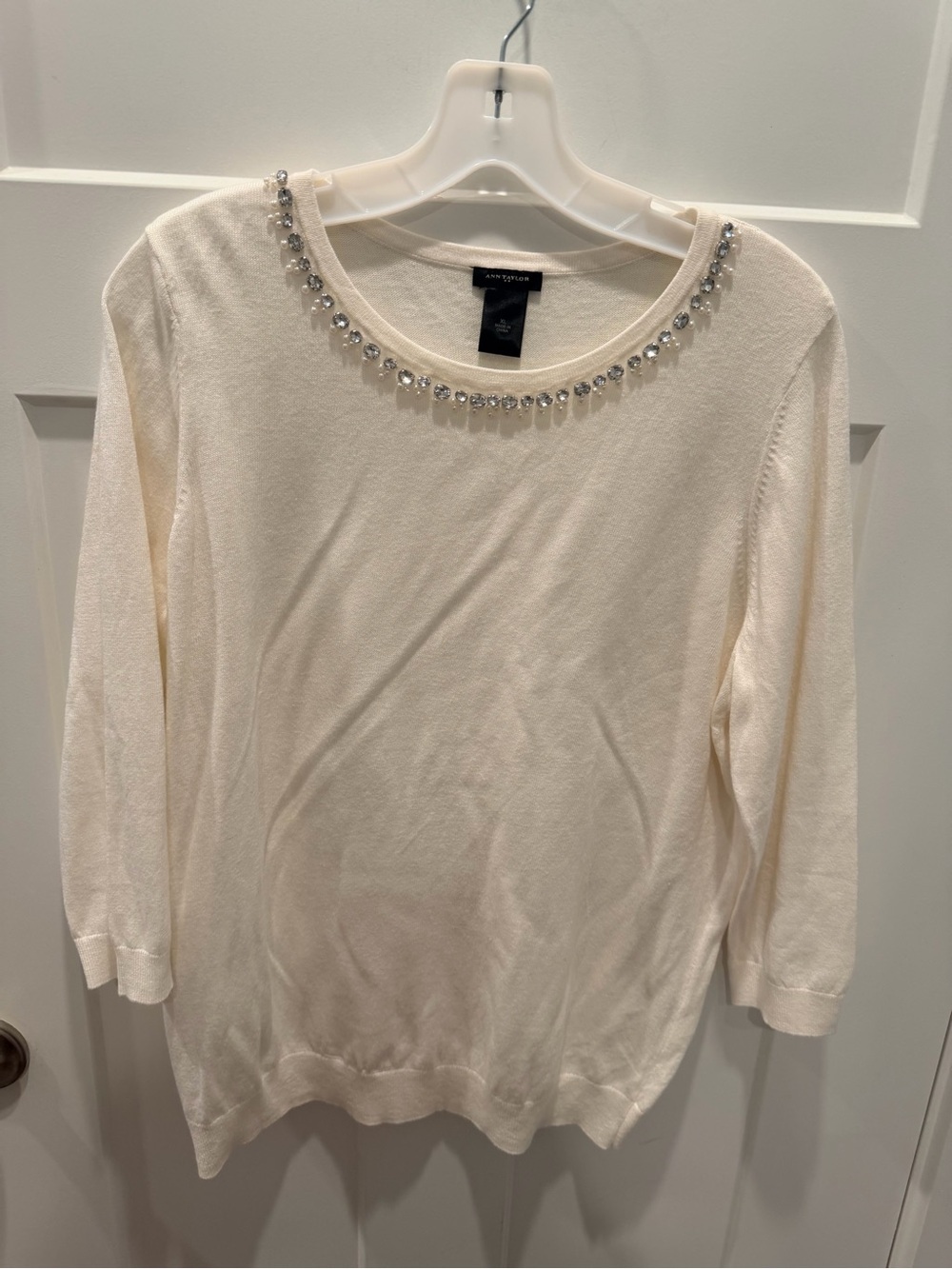 Ann Taylor Ivory Crystal Pearl Embellished Neck Sweater XL